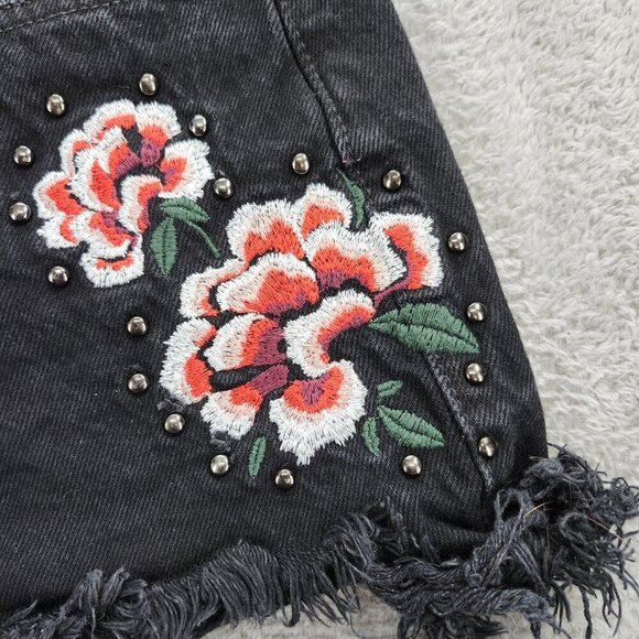 Denim Co Shorts Womens 10 Floral Embroidered Black Denim Hot Pants Distressed - Picture 3 of 15